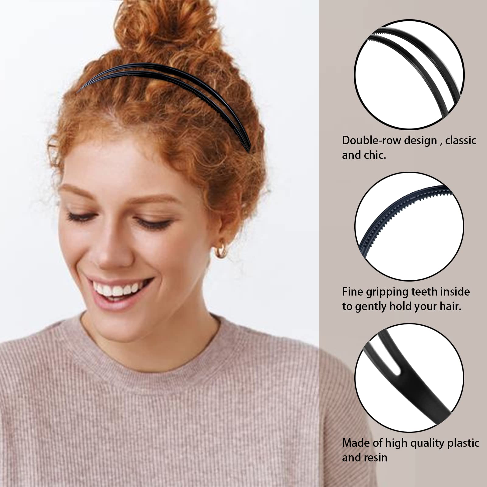 2 Pack Non-Slip Double Row Teeth Plastic Headbands for Women & Girls - Simple Chic Hair Hoop Accessories for Daily Use, Dating & Party (Black) | Perfect for School, Work, Sports and Special Occasions