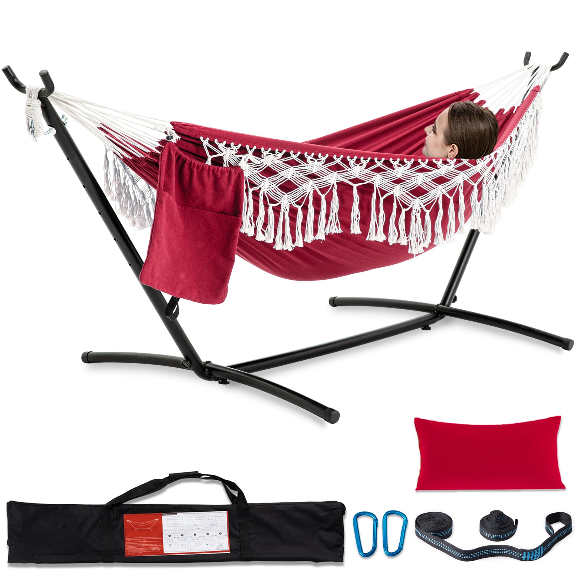 Premium Handmade Tassel Hammock with Stand - 450 lbs Capacity Double Hammock for Outdoor Relaxation, Includes Tree Straps, Carabiners, Pillow & Storage Bag - Perfect for Backyard, Beach, Camping & Patio (Cherry Red)