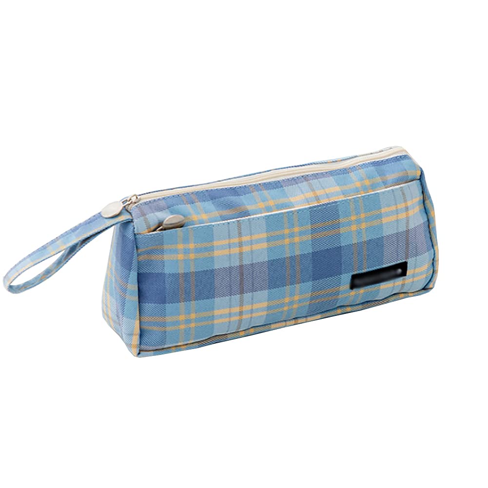 Vintage Grid Canvas Pencil Case - School Supplies Organizer for Teens, Boys & Girls - Perfect for School, Office & Travel (Blue)