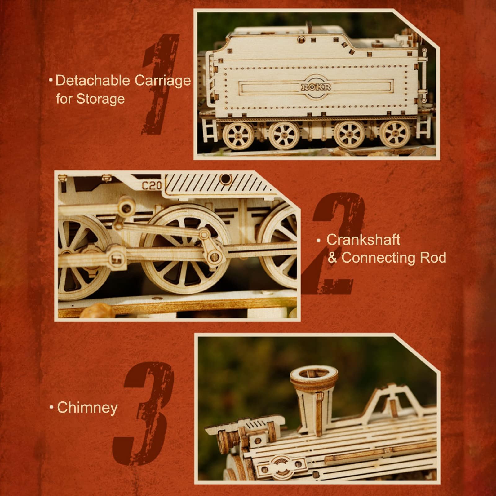 ROKR 3D Wooden Puzzle for Adults - DIY Mechanical Car Model Building Kit - Brain Teaser Toy Gift for Men, Women & Kids - Birthday & Christmas Present - Steam Train with Carriage - Perfect for Home Decoration, STEM Education & Family Bonding Activities