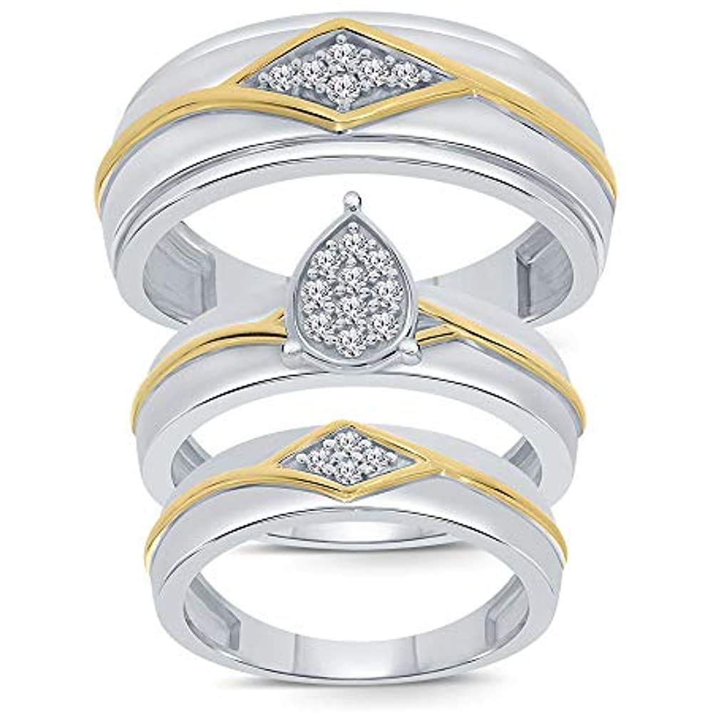 14K Two-Tone Gold Over 925 Sterling Silver Pear & Round Cut White Diamond Trio Wedding Engagement Ring Set for Men & Women - Perfect for Proposals, Anniversaries & Bridal Jewelry