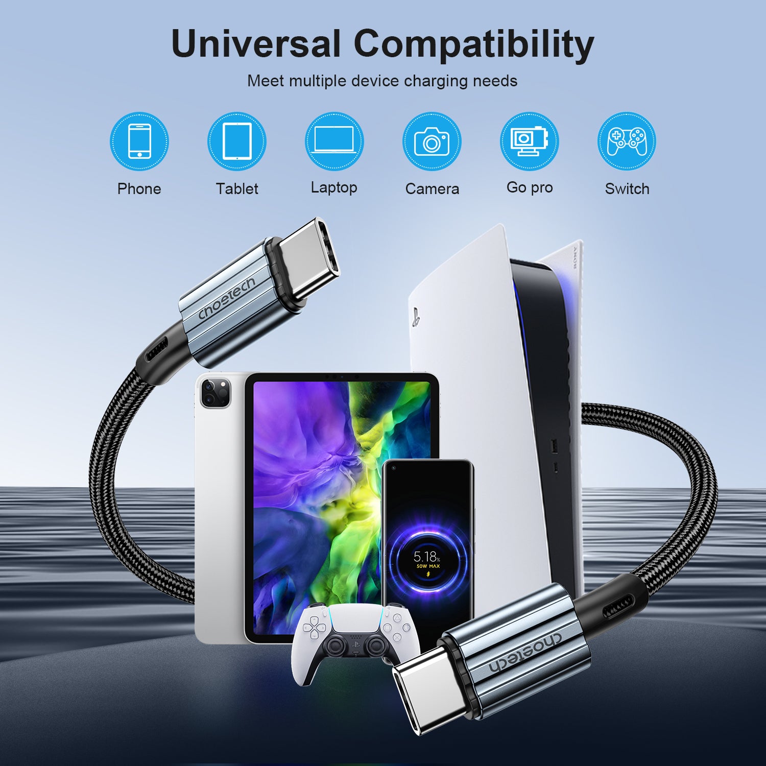 Choetech USB C to USB C PD 60W Fast Charging Cable - 1.2M/2M Length Options - Black | Compatible with MacBook Pro, iPad Pro, Samsung Galaxy & More - Perfect for Home, Office & Travel Charging