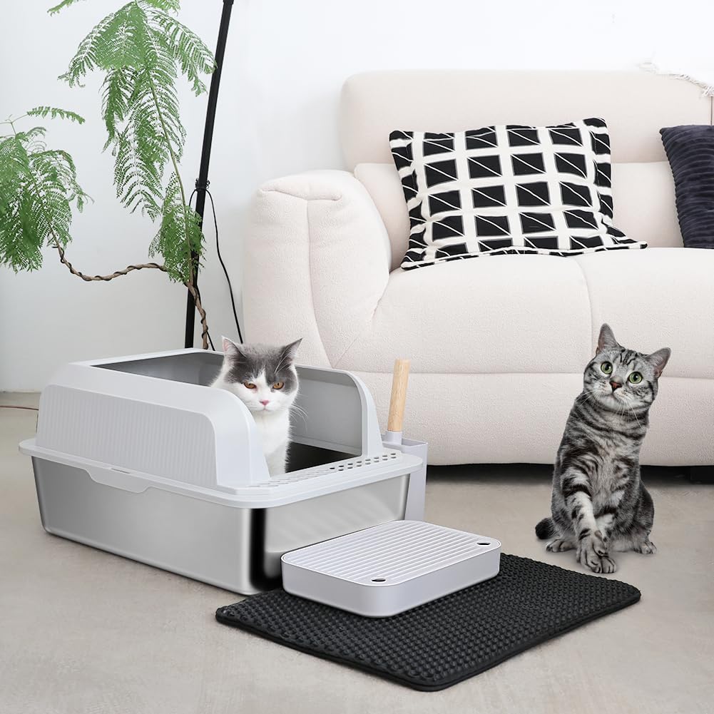 Extra Large Stainless Steel Cat Litter Box - XL High Sided Design with Odor Control, Easy to Clean, Includes Litter Scoop & Mat - Perfect for Large Cats & Multi-Cat Households