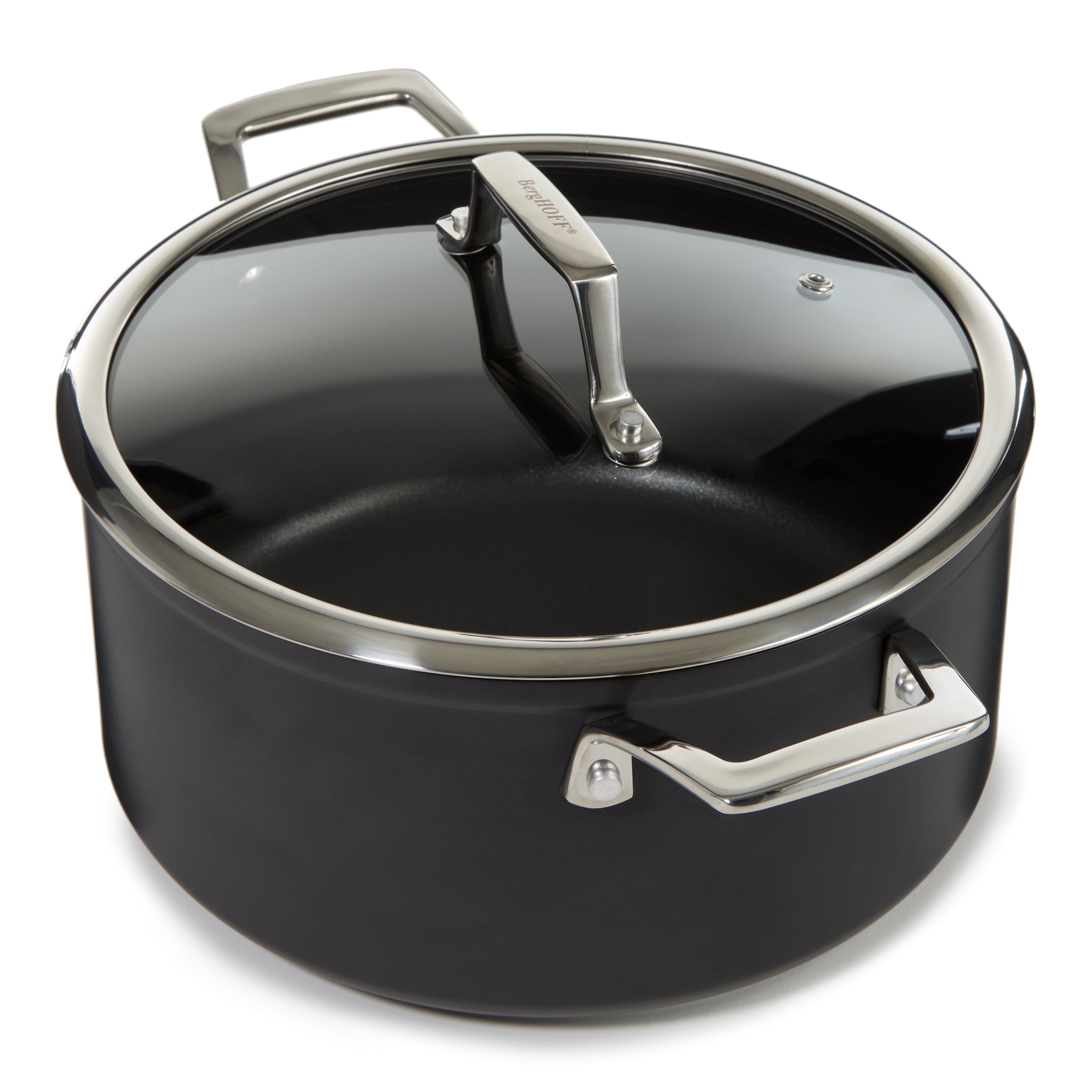 BergHOFF Essentials 4-Piece Nonstick Hard Anodized Cookware Set with Glass Lids - Black | Durable & Even Heating for Simmering, Boiling & Slow Cooking | Perfect for Stovetop & Oven Use