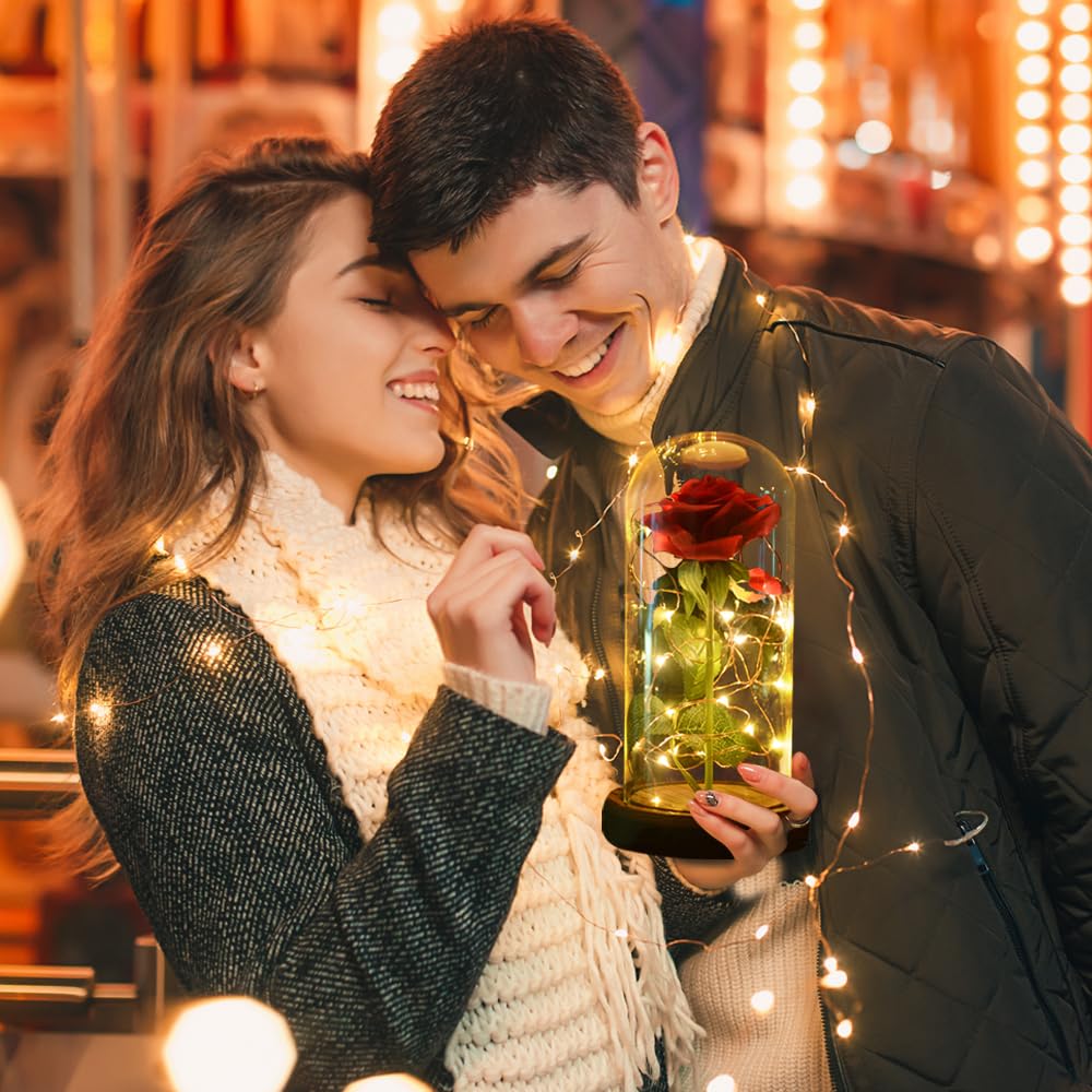 SW Preserved Rose - Enchanted Red Silk Rose in Glass Dome with LED Lights & Pine Base, Romantic Home Decor Gift for Women - Perfect for Valentine's Day, Mother's Day, Christmas, Wedding Anniversary, Birthday (Ideal for Bedroom Decor, Wedding Centerpiece, Romantic Gift)