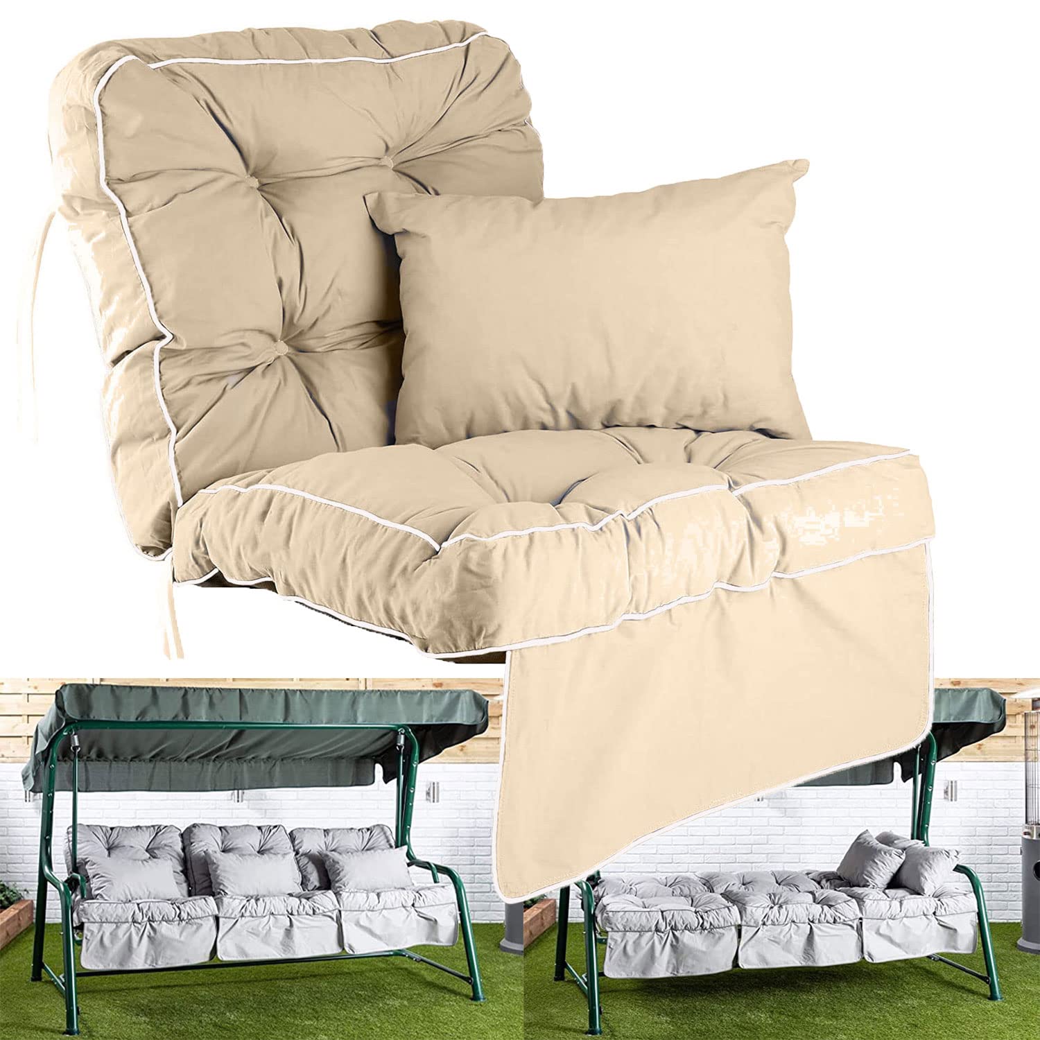 RLOSQVEE Deep Seat Patio Cushions - Waterproof Outdoor Swing Replacement Cushions with Backrest (Set of 2, Khaki) for 1/2/3 Seater Furniture - Perfect for Porch, Garden, Poolside & Patio Relaxation