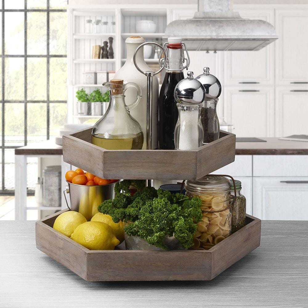 Hexagon 2-Tiered Mango Wood Serving Tray - Rustic Handmade Wooden Charcuterie Board for Cheese, Fruits & Appetizers - Perfect for Entertaining, Kitchen Decor & Gift Giving