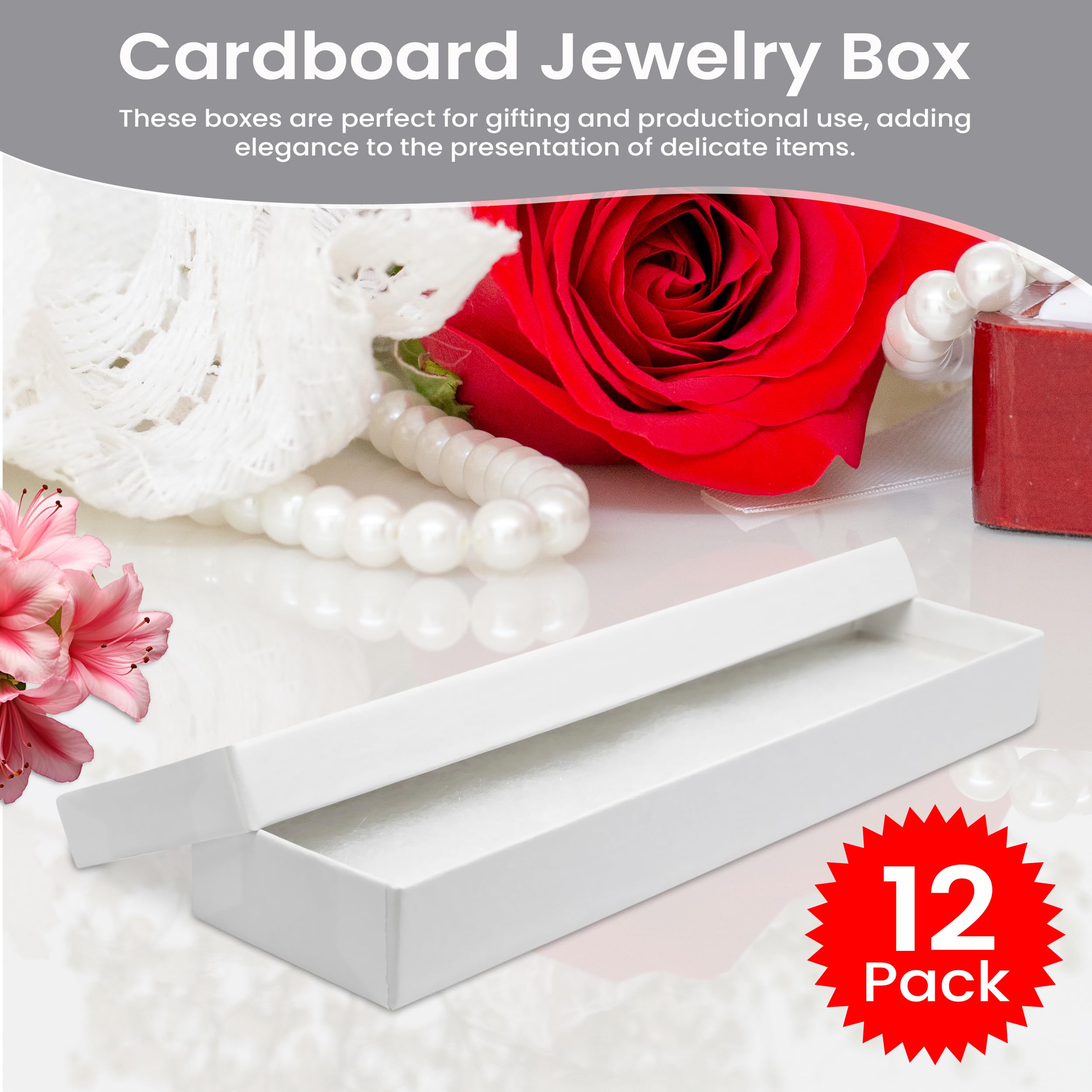 12 Pack White Jewelry Gift Boxes 8x2x0.87 Inches - Premium Cotton Filled Cardboard Jewelry Storage Box with Lids - Made in USA - Perfect for Bracelets, Necklaces, Rings & Earrings - Ideal for Wedding Favors, Birthday Gifts & Retail Packaging