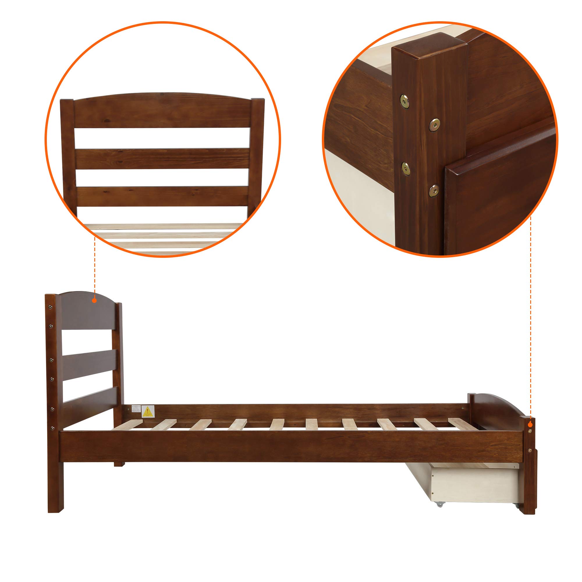 Wood Platform Bed with Storage Drawer - Twin Size Solid Wood Bed Frame with Slat Support, No Box Spring Needed - Perfect for Small Bedrooms, Guest Rooms & Dorm Rooms