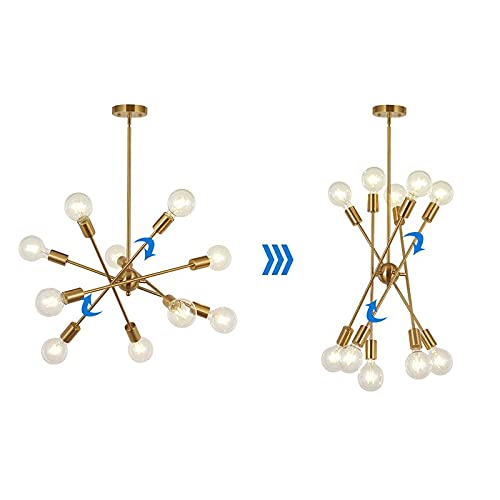 BONLICHT Modern 10-Light Sputnik Chandelier Brushed Brass Adjustable Arm Metal Kitchen Pendant Light, Mid Century Vintage Industrial Ceiling Fixture for Living Room, Dining Room, Bedroom & Office Lighting