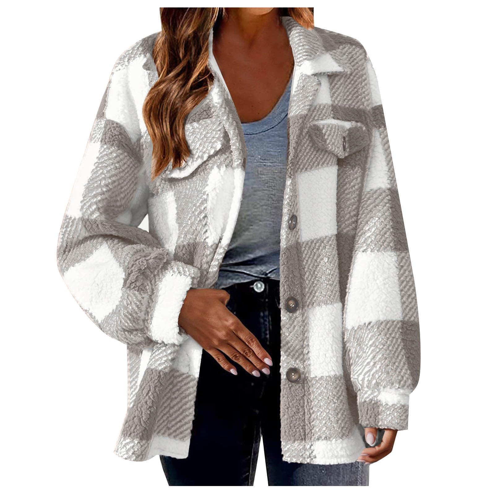 AOCRD Women's Fuzzy Fleece Shacket - Button Down Long Sleeve Open Front Cardigan Jacket | Sherpa Lined Outerwear Coat for Fall & Winter 2023 | Perfect for Casual Outings, Workwear & Layering