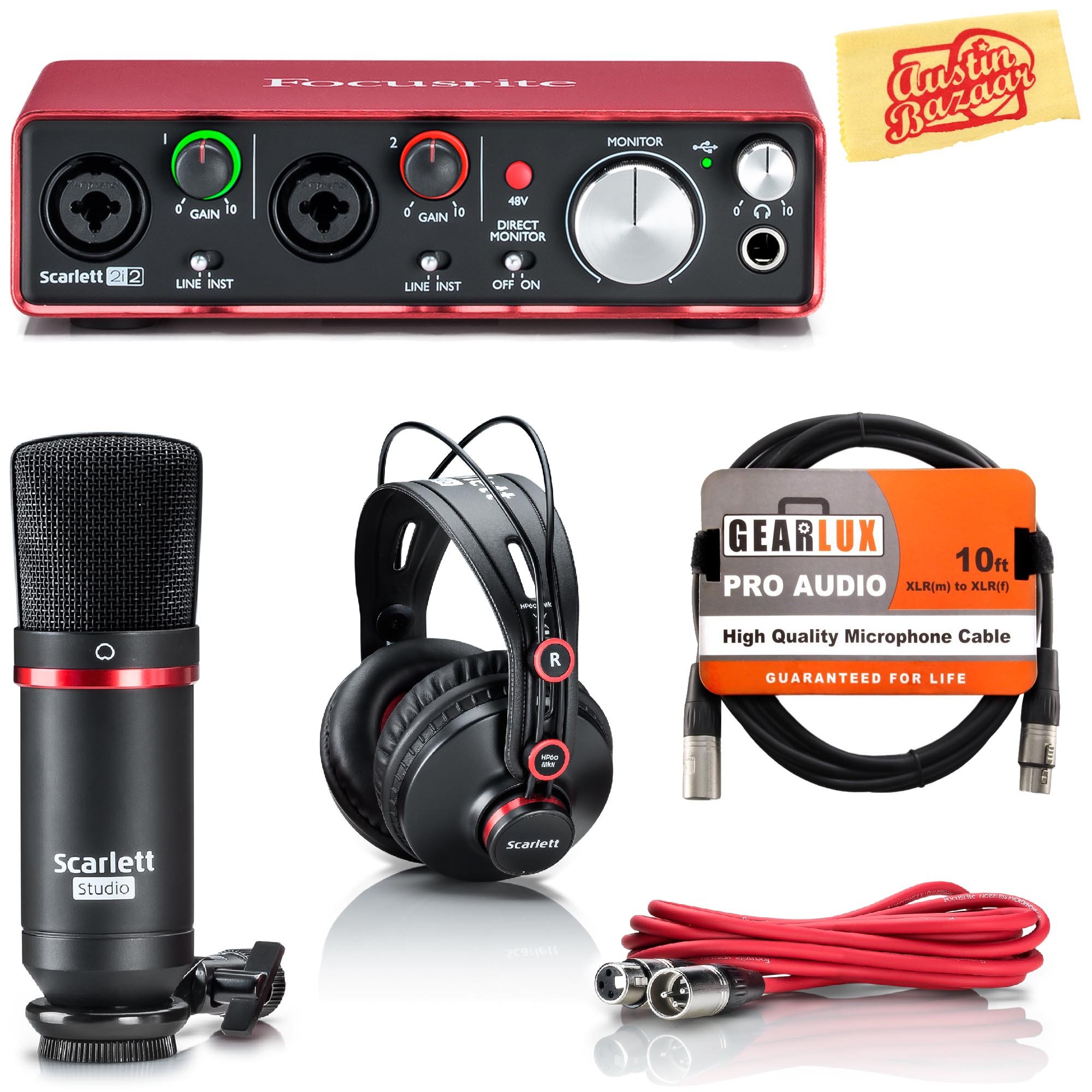 Focusrite Scarlett 2i2 Studio USB Audio Interface Bundle with XLR Cable, Headphones & Austin Bazaar Polishing Cloth - Professional Recording for Home Studio, Podcasting & Music Production