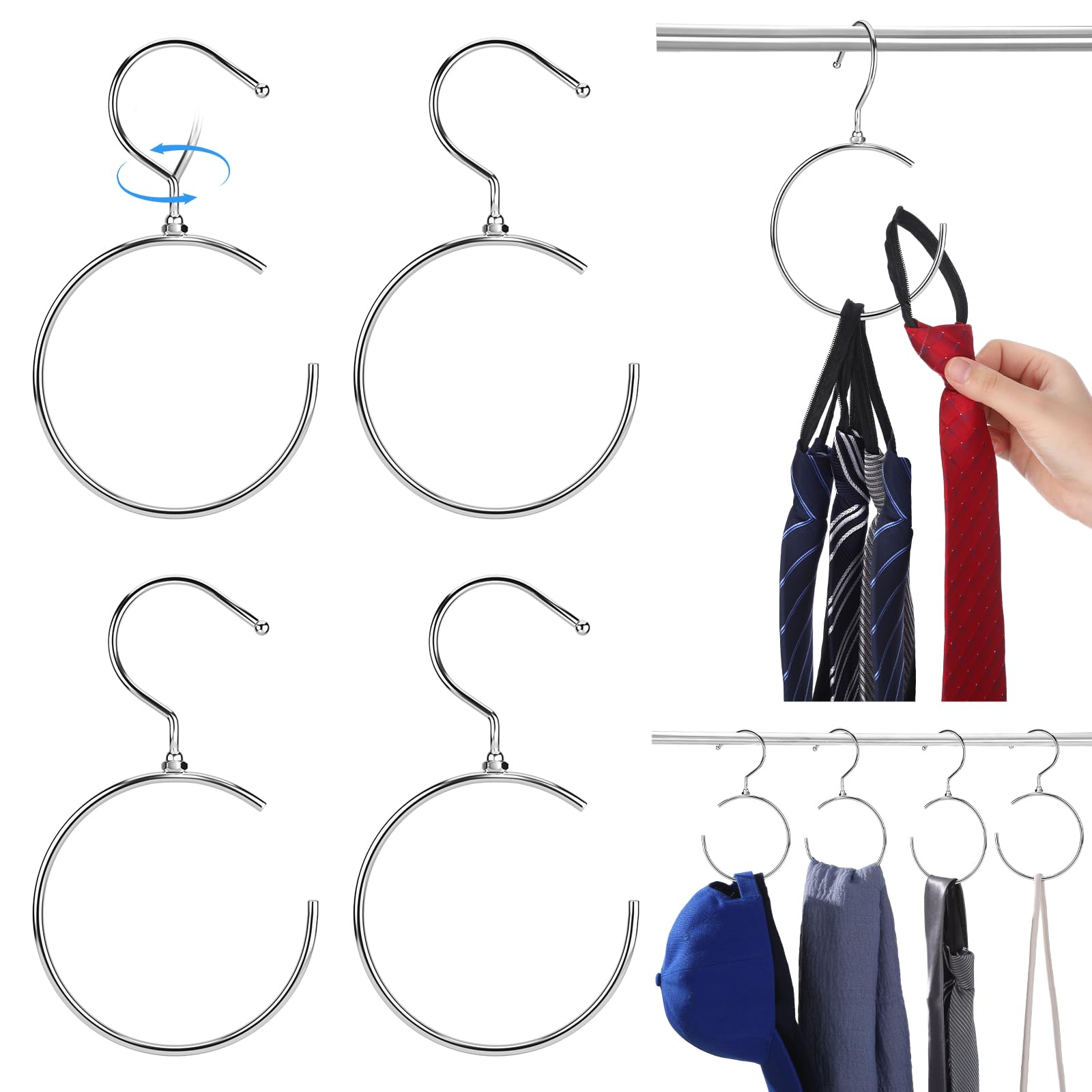 4 Pack Rotatable Belt Hangers for Closet - Space Saving Belt & Tie Organizer with 360° Swivel Hooks for Belts, Ties, Scarves, Baseball Caps - Silver Wardrobe Accessory Storage (Perfect for Closet, Bedroom & Dorm Organization)