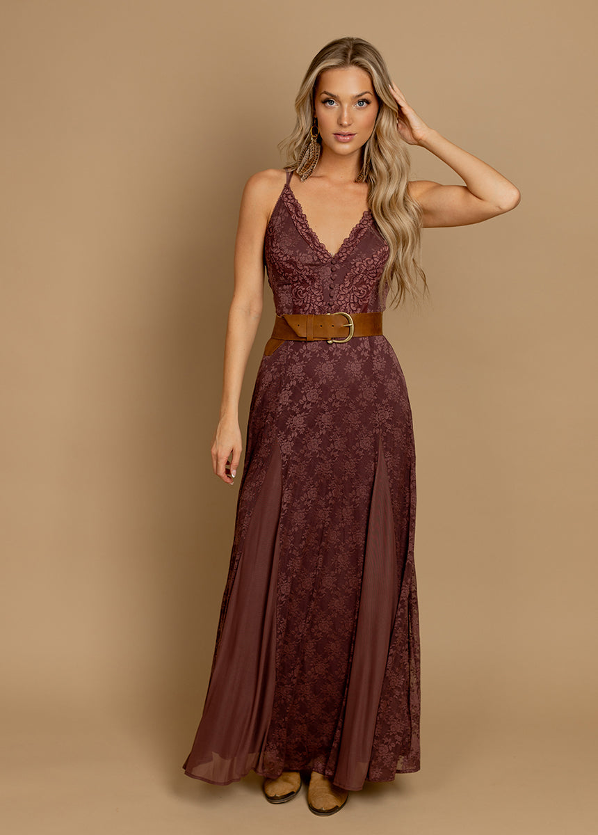 Alia Dress in Mahogany - Elegant Women's Midi Dress for Wedding, Party & Special Occasions | Flattering A-Line Silhouette