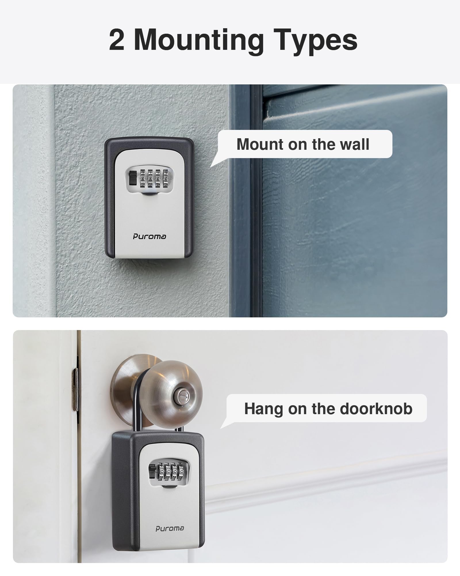 Puroma Large Key Lock Box with Resettable Combination Code - Waterproof Portable Security Safe for Outdoor, Home, Office - Wall Mount Lockbox for Door Handle & House Keys - Gray (1 Pack) - Perfect for Vacation Rentals, Airbnb Hosts & Property Managers