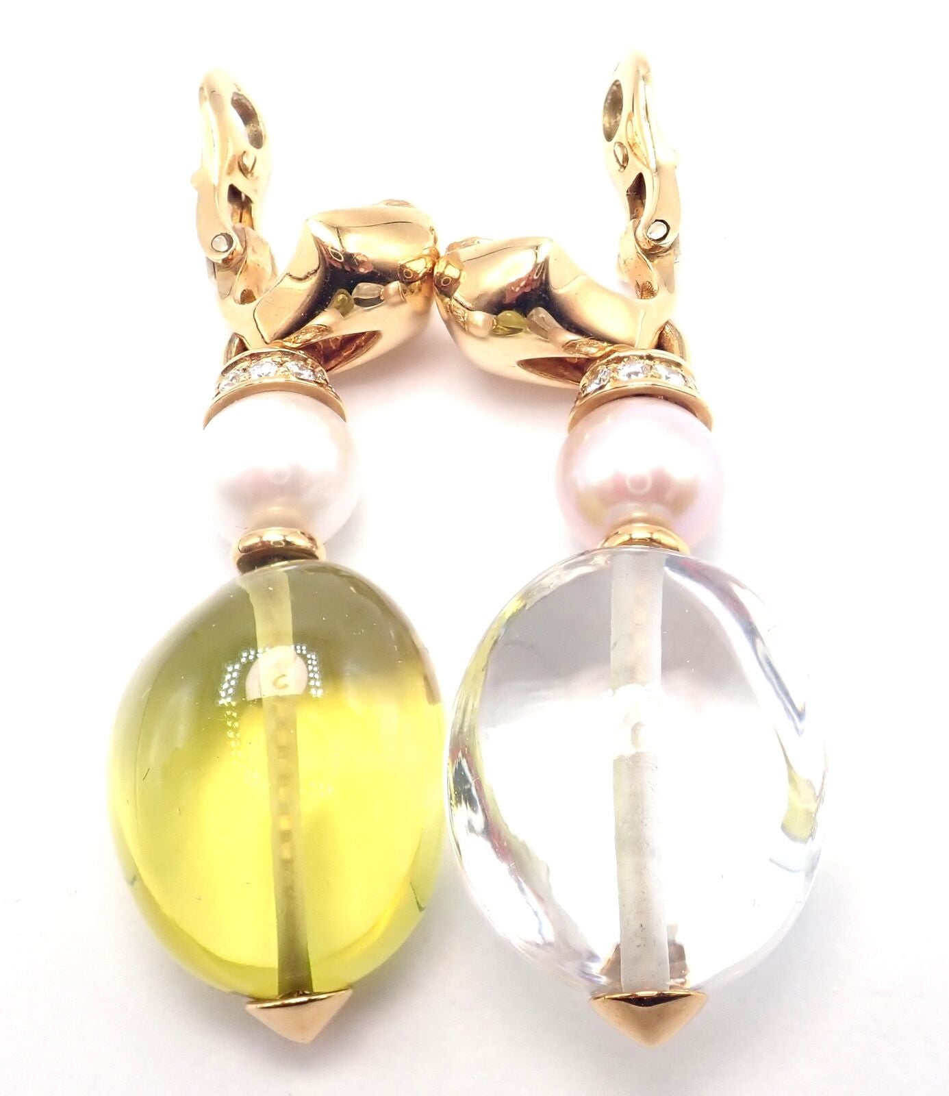 Authentic Bulgari Bvlgari 18k Gold Diamond Pearl Peridot Crystal Drop Earrings for Women - Luxury Statement Jewelry for Parties, Weddings & Special Occasions