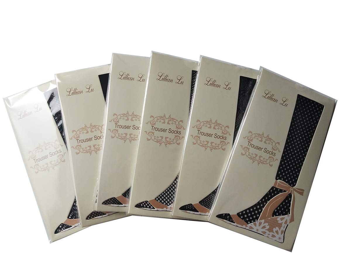 ANDIBEIQI 6 Pairs Women's Stay Up Knee High Patterned Trouser Socks - Fishnet Stockings Black One Size - Fashionable Hosiery for Office, Party & Everyday Wear