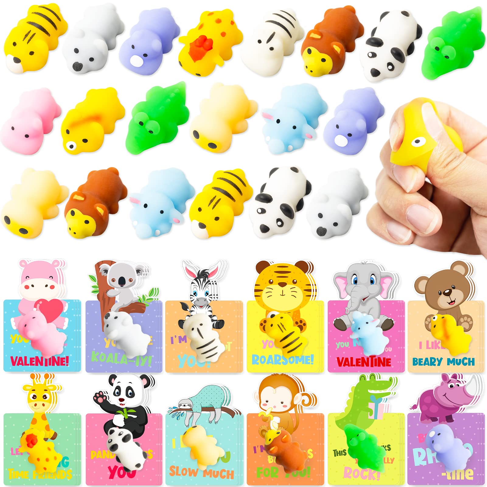 36Pcs Valentine's Day Cards with Cute Animal Mochi Squishy Toys - Perfect for Kids Classroom Exchange, School Party Favors & Valentine Gifts (Great for Classroom Activities, Birthday Parties & Holiday Celebrations)