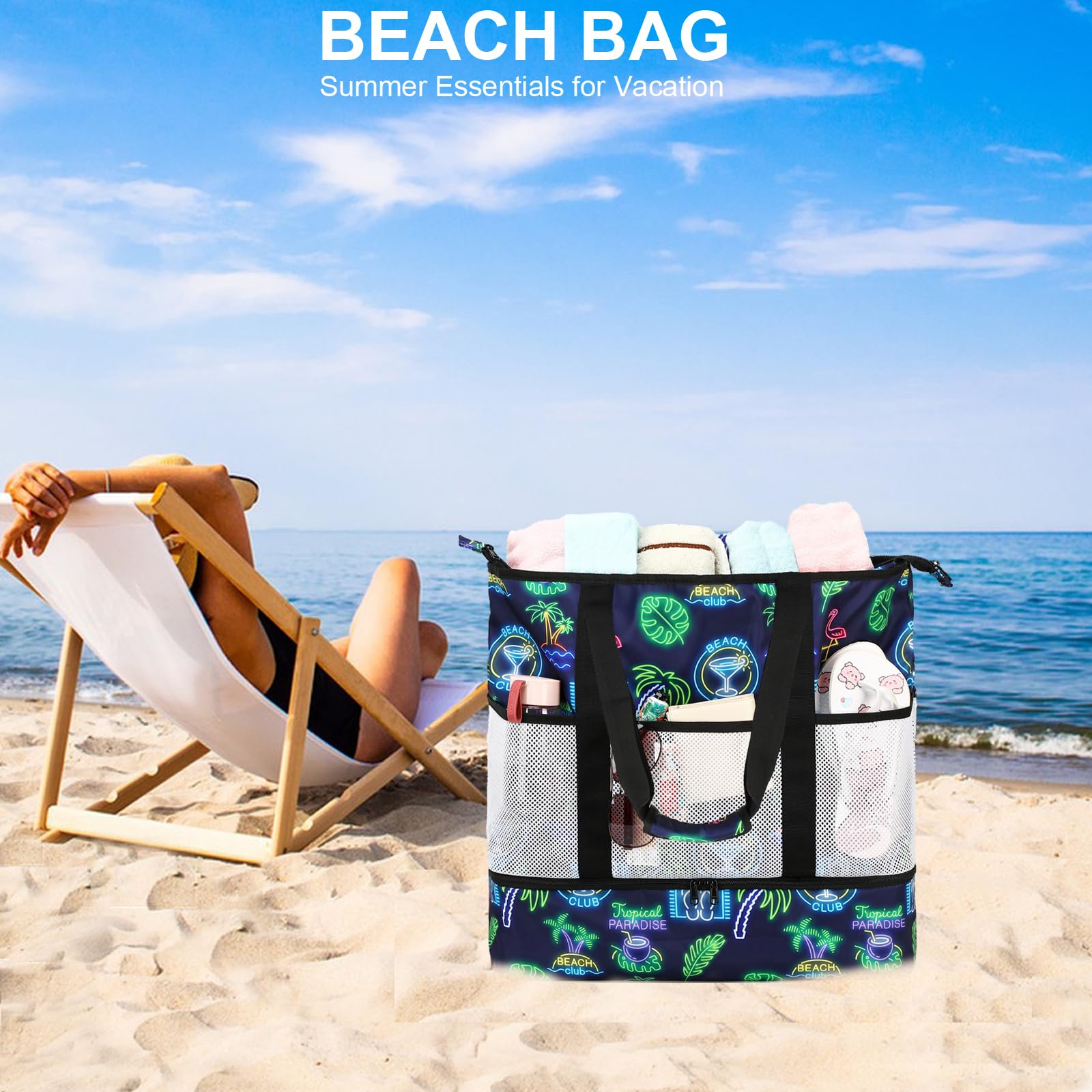 Octsky Waterproof Beach Tote Bag with Cooler & 9 Pockets - Sandproof for Women | Pool & Travel