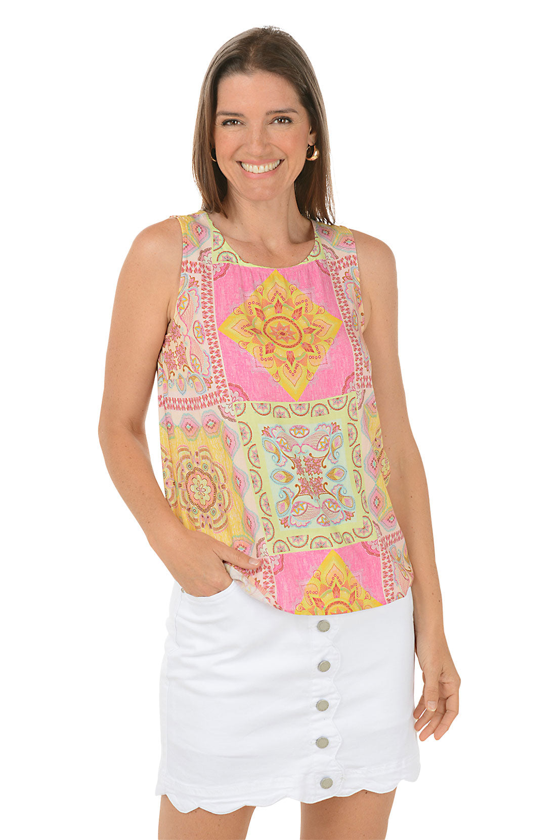 Stylish Carousel Patchwork Sleeveless Blouse for Women | Boho Chic Summer Top | Perfect for Beach Outings, Music Festivals & Casual Wear