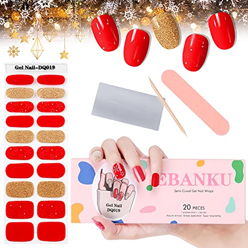 EBANKU Christmas Semi Cured Gel Nail Wraps - Red Glitter Full Nail Stickers & Decals for Women & Girls | Holiday Party, Gift Giving, Nail Art DIY
