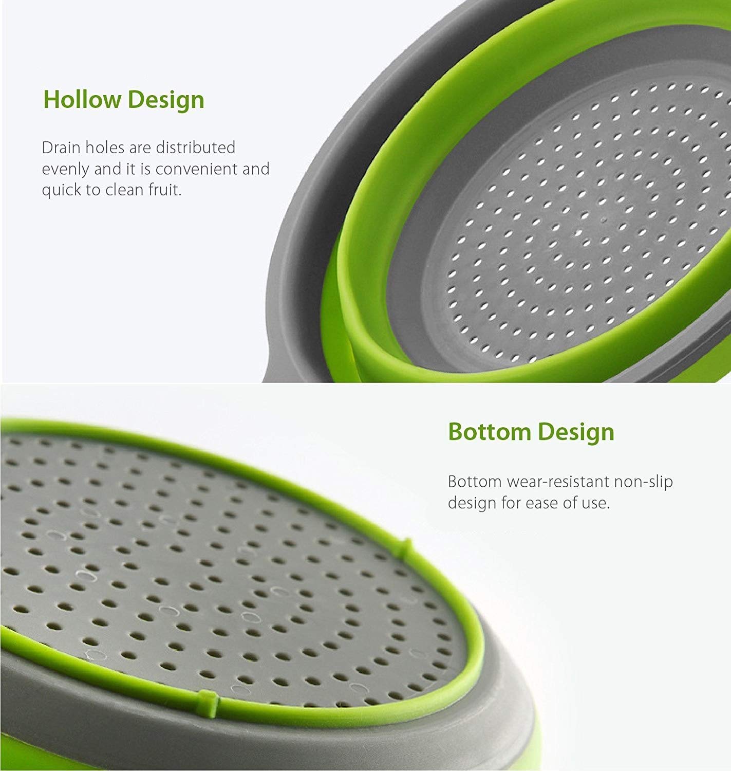 2 Pack Foldable Silicone Colanders with Handles - Space Saving Collapsible Strainer for Pasta, Vegetables, Fruits | Dishwasher Safe Kitchen Strainer for Small Spaces, Camping & RV Cooking (Green & Red)