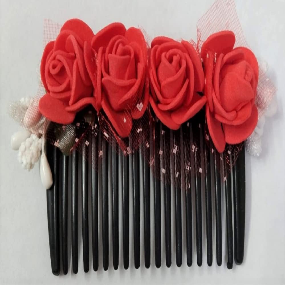 Handmade Floral Hair Clips for Women & Girls - Red Flower Side Combs with Multicolor Pollens | Perfect for Weddings, Parties & Everyday Hair Accessories