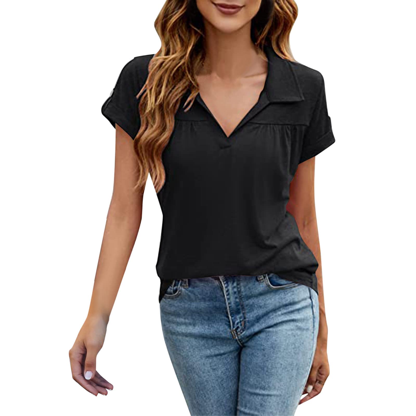 MLAGJSS Women's V-Neck Polo Shirts - Short Sleeve Collared T-Shirts with Ruched Front & Curved Hem Tunic Blouse | Casual Workwear & Summer Outfits