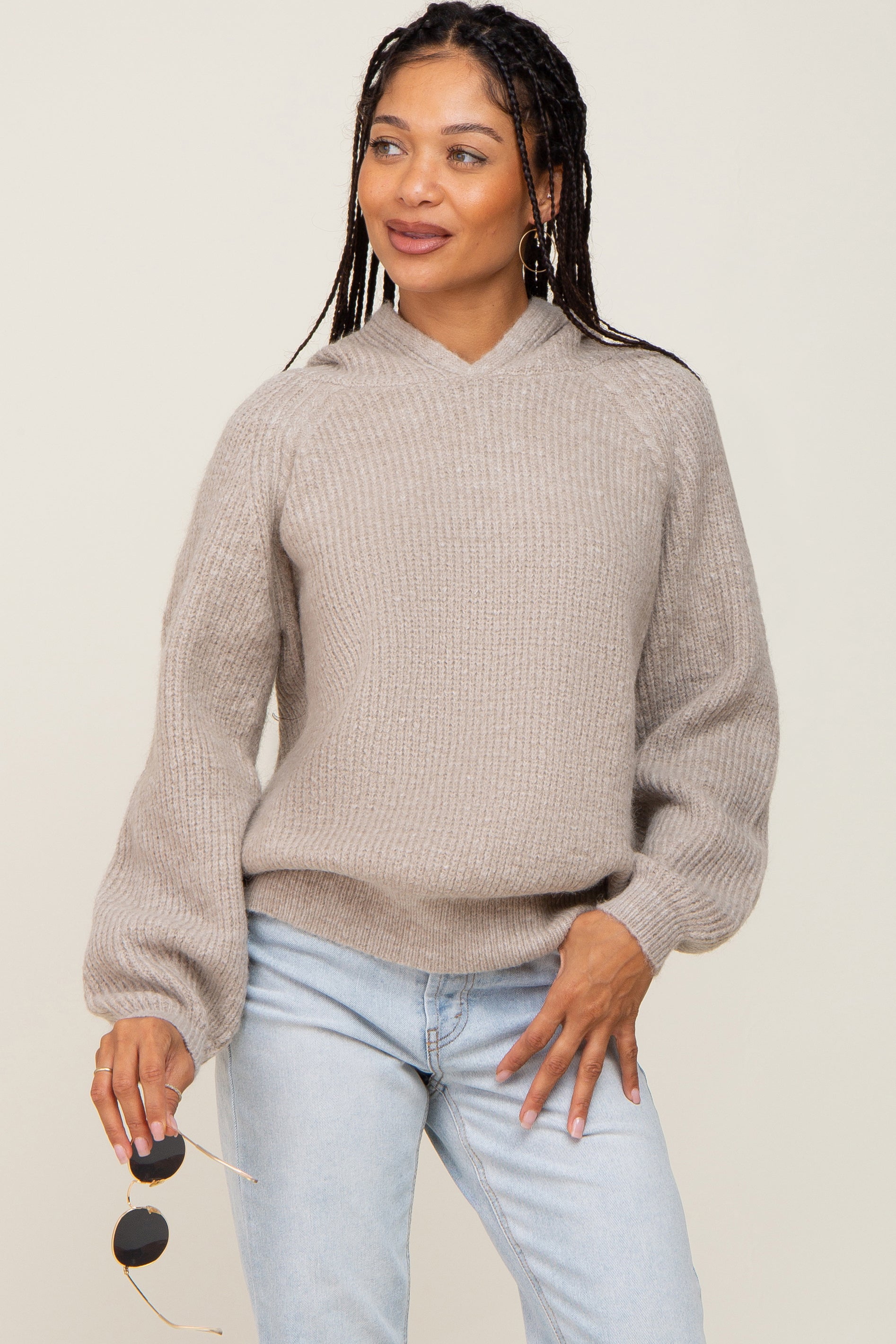 Cozy Beige Maternity Hoodie - Soft & Stretchy Pregnancy Sweater for Women | Perfect for Casual Wear, Nursing & Maternity Photos