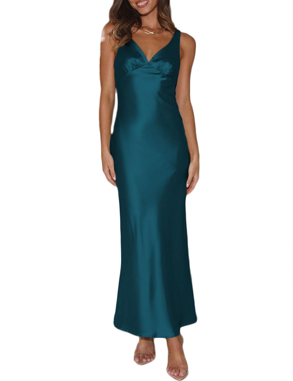 Elegant Satin V-Neck Backless Maxi Dress for Women - Sleeveless Silk Formal Cocktail Dress with Low Back Tie - Perfect for Wedding Guest, Evening Party & Special Occasions