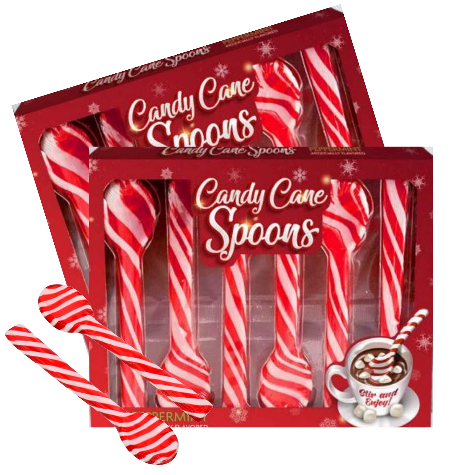 Needzo Bulk Hard Candy Cane Spoons - Peppermint Sticks for Hot Chocolate & Coffee - Holiday Stocking Stuffers, Cocoa Bar & Charcuterie Board Accessories - Pack of 2 (6 Spoons) - Perfect for Christmas Parties, Gift Giving & Winter Beverage Stirring