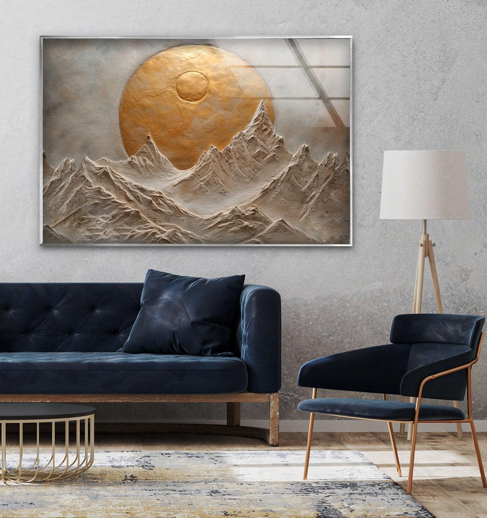 Abstract Mountain Golden Glass Wall Art - Modern Home Decor for Living Room, Bedroom & Office - Elegant Handmade Glass Painting for Gifts & Interior Design