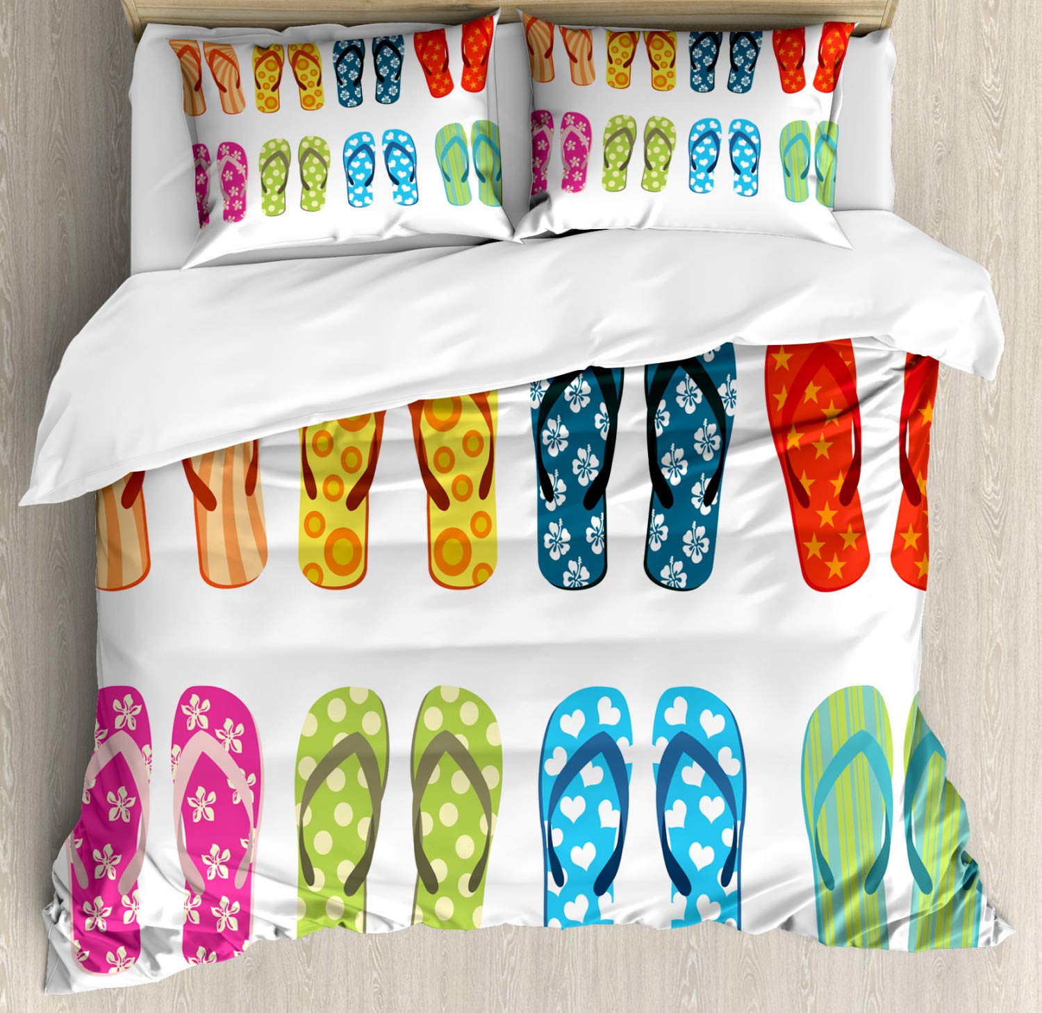 Ambesonne Summer King Size Duvet Cover Set - 2 Pack Holiday Themed Bedding with Hearts, Dots & Stars Cartoon Pattern - Includes 2 Duvet Covers & 4 Pillowcases - Vibrant Multicolor Design for Kids Room, Guest Bedroom & Vacation Homes