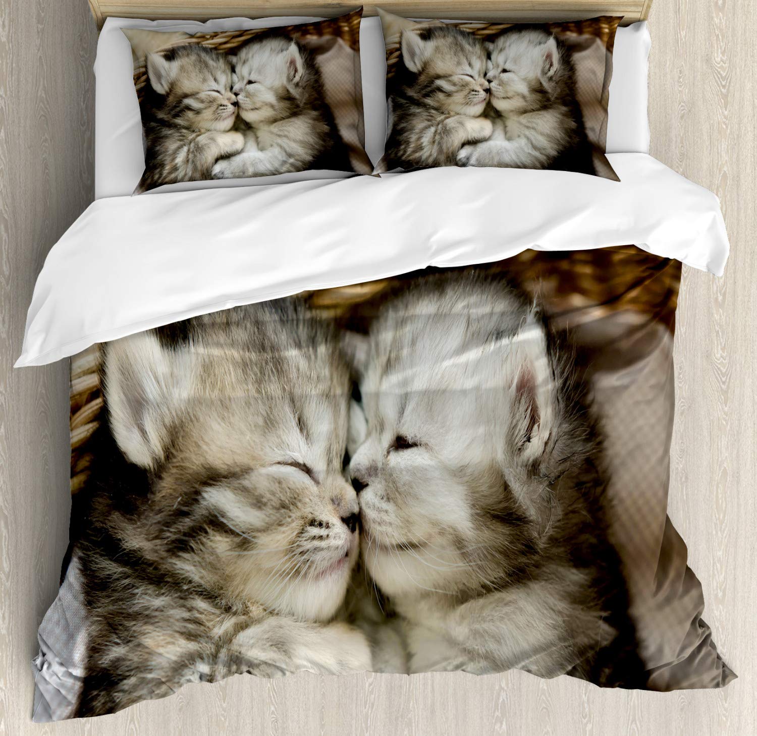 Tabby Kittens Sleeping and Hugging in Basket Cartoon Duvet Cover Set - 2 Pack Queen Size Bedding with 2 Duvet Covers & 4 Pillowcases (Black, Pale Brown, White) - Cozy Animal Print Bedroom Decor for Kids Rooms, Guest Bedrooms and Cat Lovers