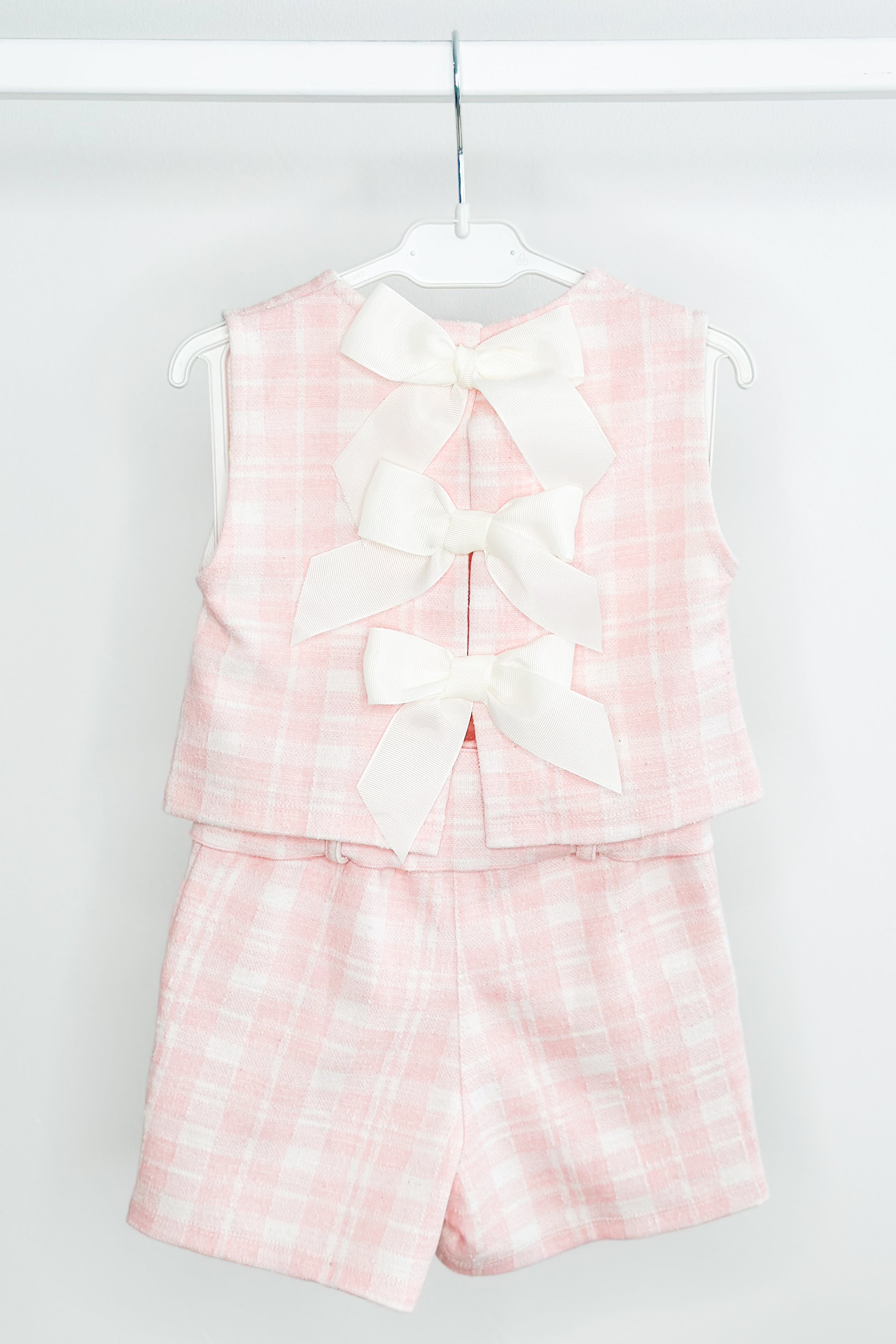 Blair Pink Plaid Bow Blouse & Shorts Set - Women's Fashion Outfit for Casual Wear, Office, and Date Night | Trendy Two-Piece Ensemble
