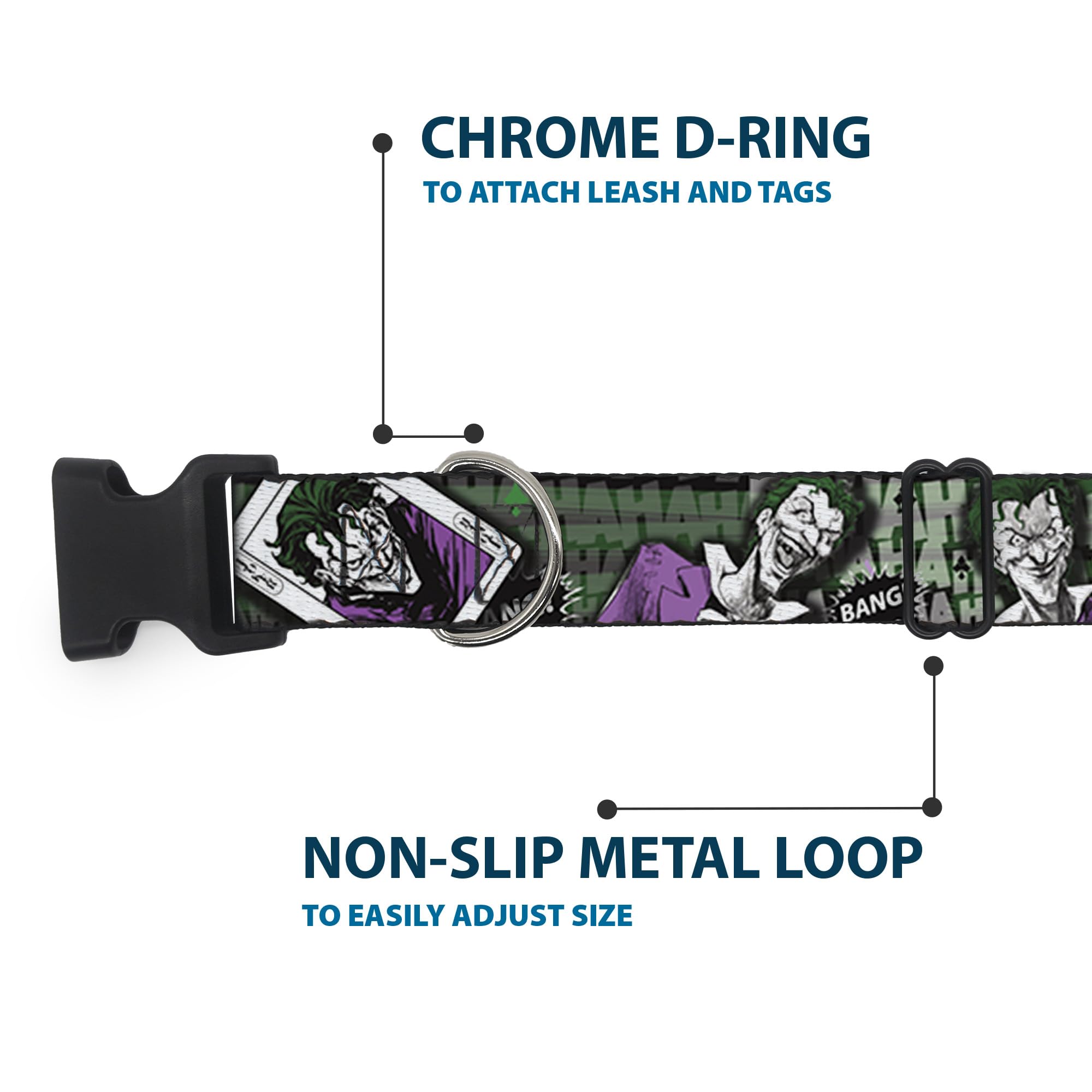 Buckle-Down Adjustable Dog Collar with Joker Card Design - 4 Fun Poses (Haha, Smile, Bang) in Gray, Green & Purple - 6 to 9 Inches Length, 0.5 Inch Width - Perfect for Halloween Costumes, Comic Con Events & Themed Pet Parties