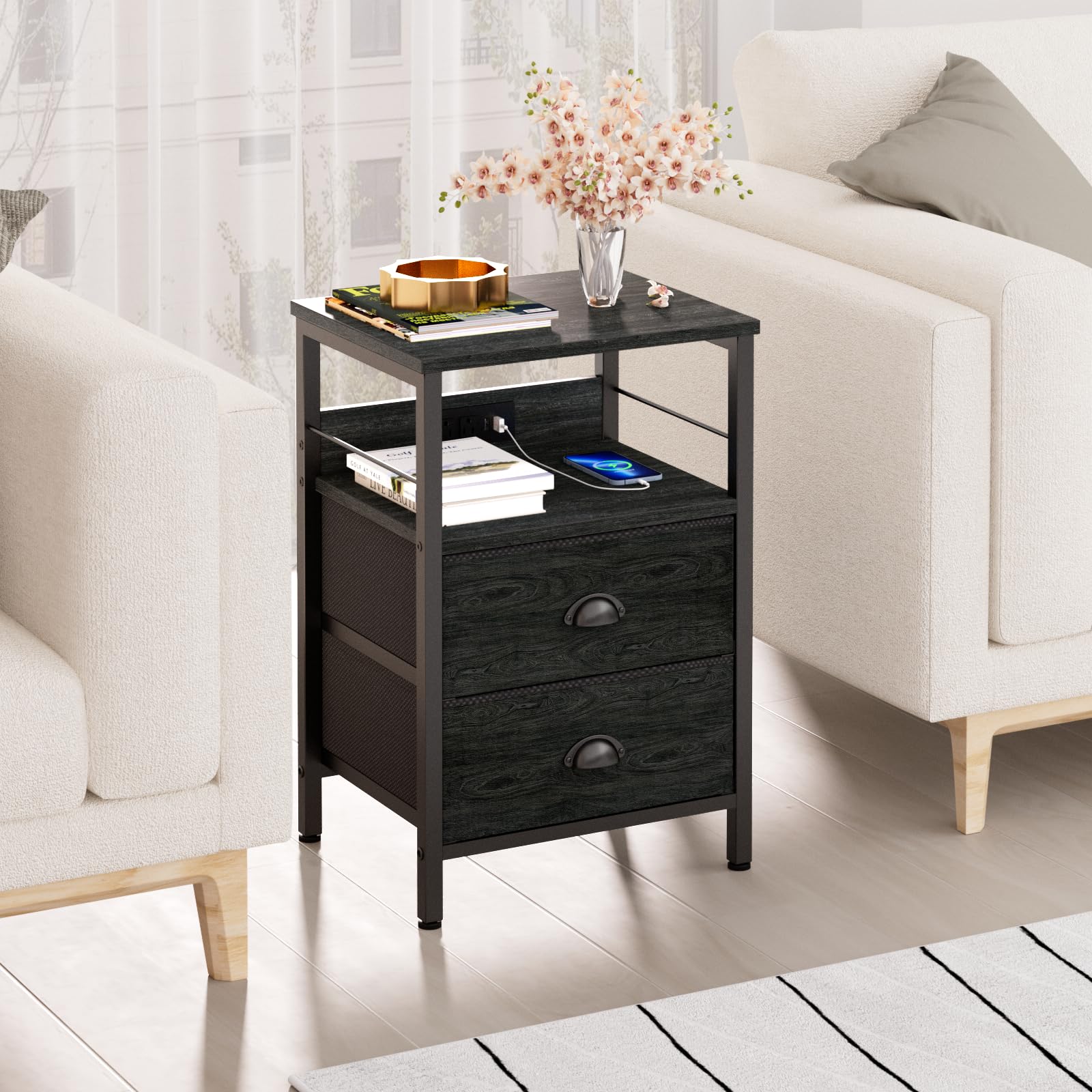 2-Piece Furologee Nightstand Set with Charging Station - Black Oak Side Tables with USB Ports, 2 Fabric Drawers & Storage Shelf - Perfect for Bedroom & Living Room Organization - Ideal for Charging Devices, Storing Books & Bedside Essentials