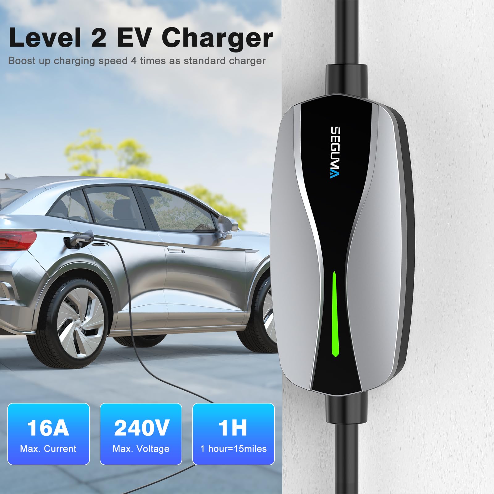 Level 1 & 2 EV Charger - 16Amp Portable Electric Vehicle Charger with 25FT Cable, NEMA 6-20 Plug & 5-15 Adapter - J1772 Compatible for BEV/PHEV (110V-240V) - Home & Travel Charging Station for Tesla, Chevy, Nissan (Silver)
