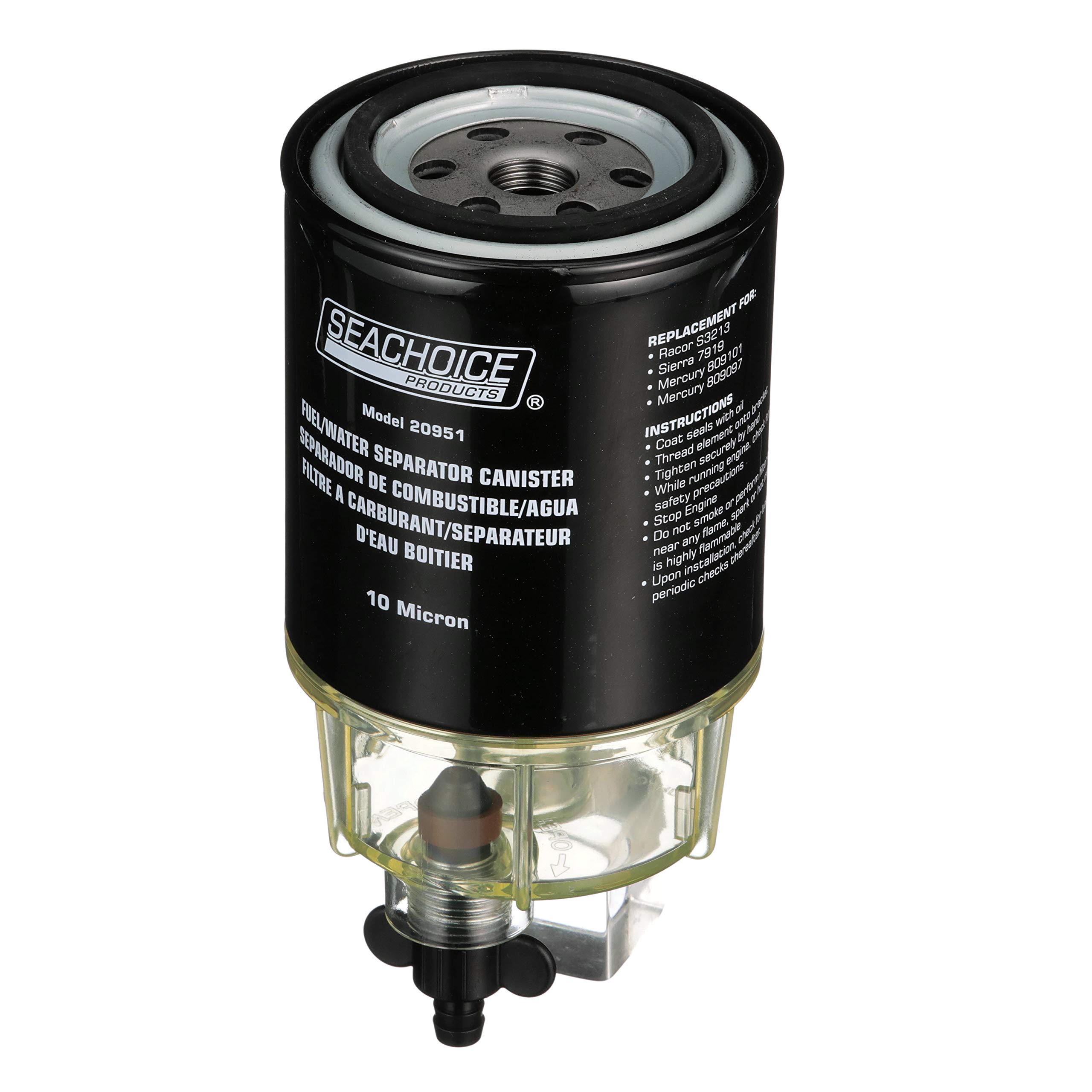 Seachoice Marine Fuel Water Separator Filter - Clear Plastic Bowl with Easy Drain - for Boats, Jet Skis & Marine Engines - Prevents Water Contamination in Fuel Systems