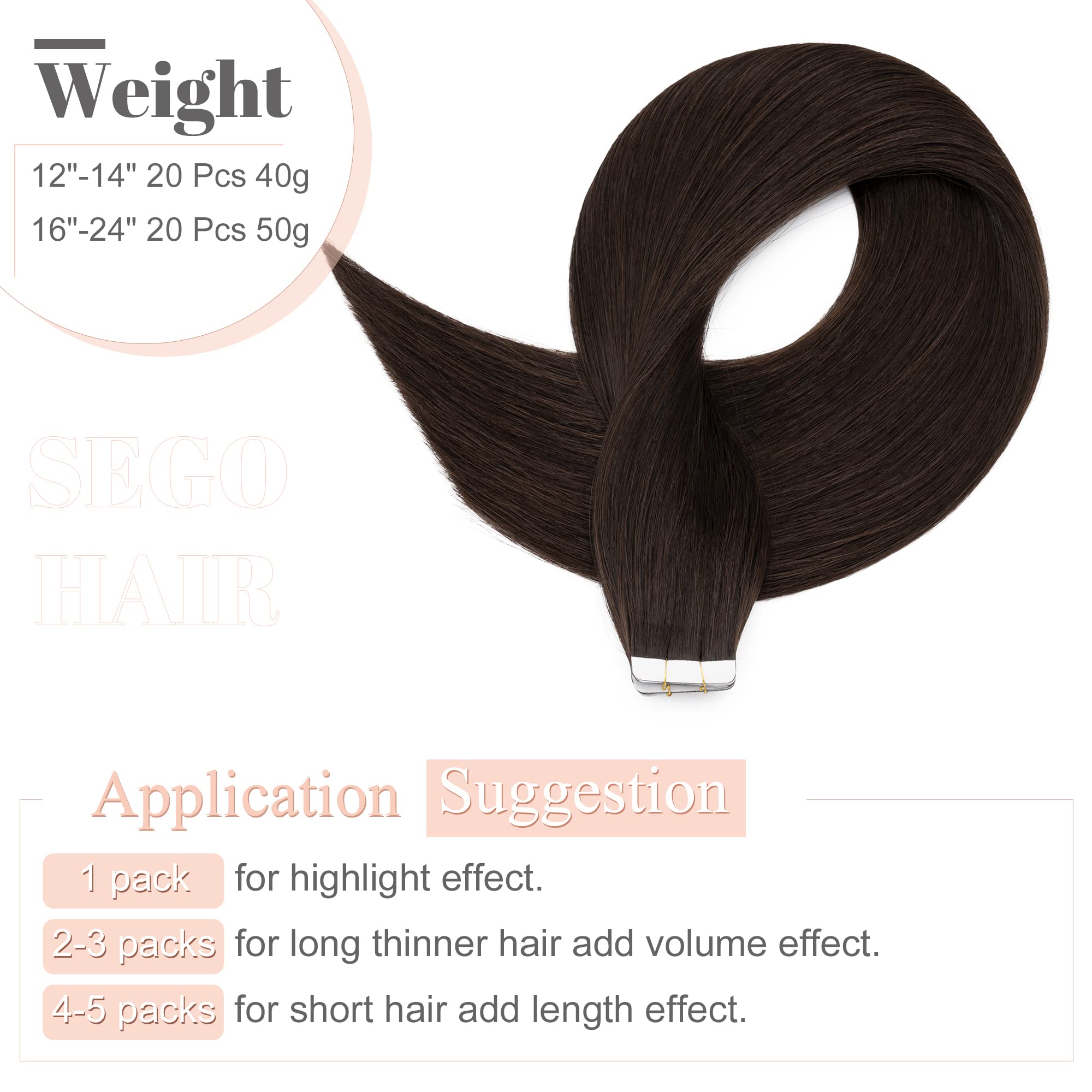 SEGO 20 Inch Dark Brown Tape in Human Hair Extensions - 40pcs 100g Straight 100% Remy Hair with Seamless Skin Weft & Invisible Double Sided Tape for Women | Perfect for Daily Wear, Special Occasions & Volume Boosting