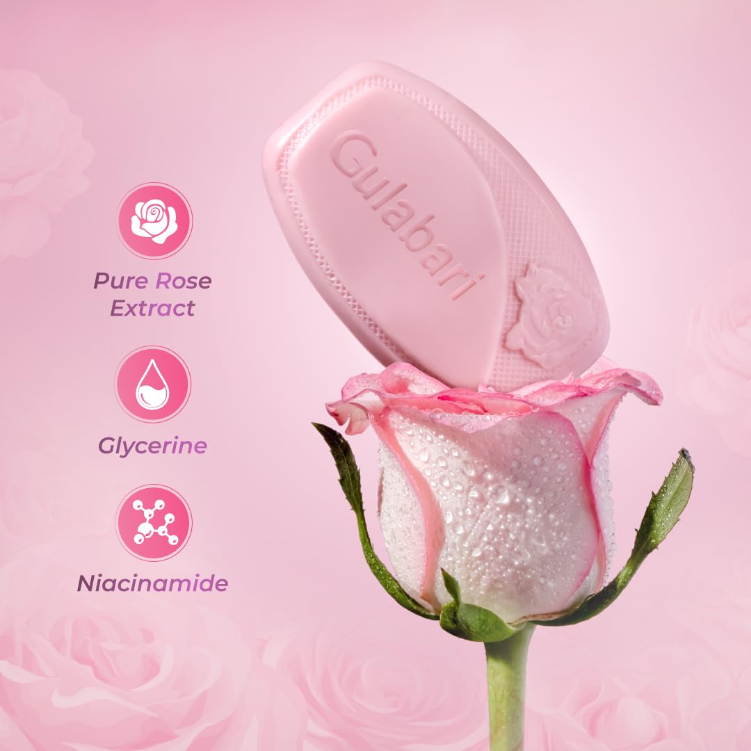 Dabur Gulabari Pure Rose Soap 150g (Pack of 4) - Moisturizing Bath Bar with Rose Extract, Glycerin & Niacinamide for Glowing Skin - Long Lasting Floral Fragrance - Unisex Body Wash Soap for Daily Shower & Spa Relaxation