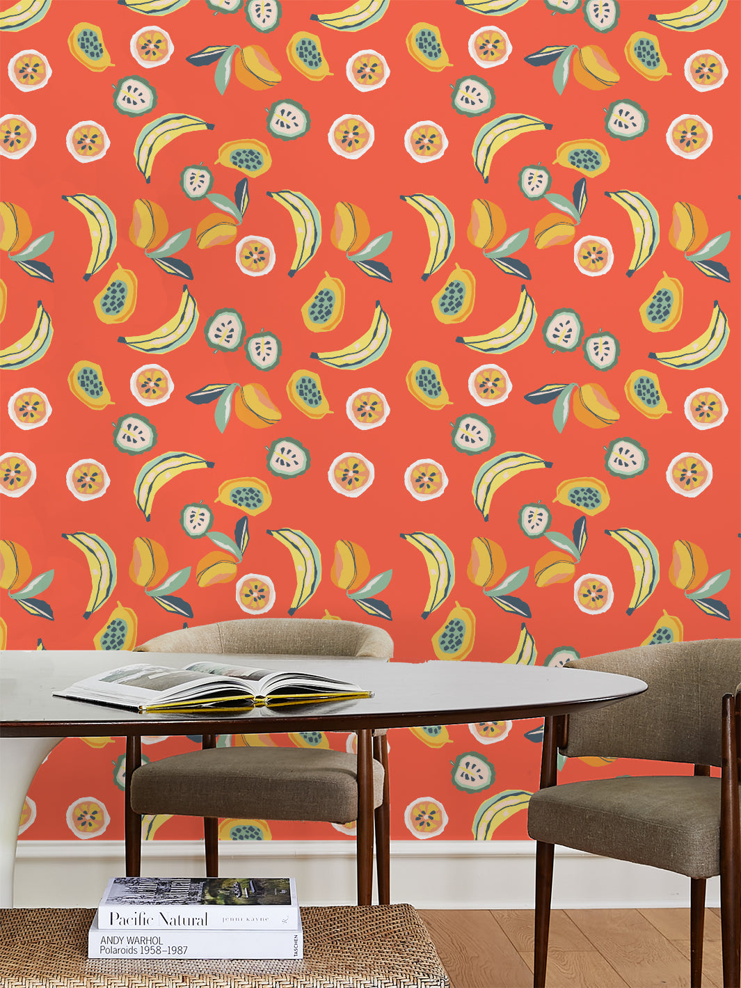 Tea Collection Mango Papaya Wallpaper in Persimmon - Tropical Fruit-Themed Peel & Stick Wallpaper for Nursery, Kids Room, or Kitchen Decor