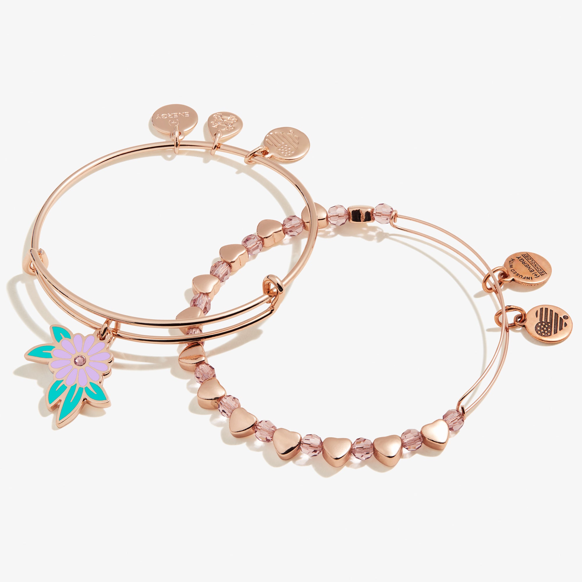 Flower & Hearts Charm Bangle Bracelets Set of 2 - Elegant Stackable Jewelry for Women, Perfect for Valentine's Day Gifts, Anniversary or Everyday Wear