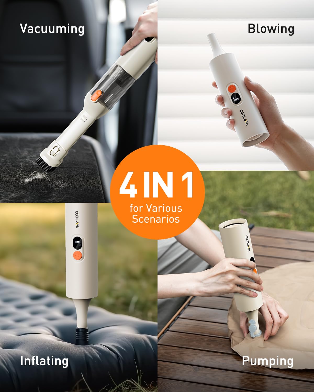 OXILAM 4-in-1 Cordless Handheld Vacuum Cleaner - 14000PA High Power Portable Car Vacuum, Blow & Suction 2-in-1 Function, 30 Mins Runtime with Multi-Nozzles - Perfect for Home, Car, Pet Hair, Office & Travel Cleaning