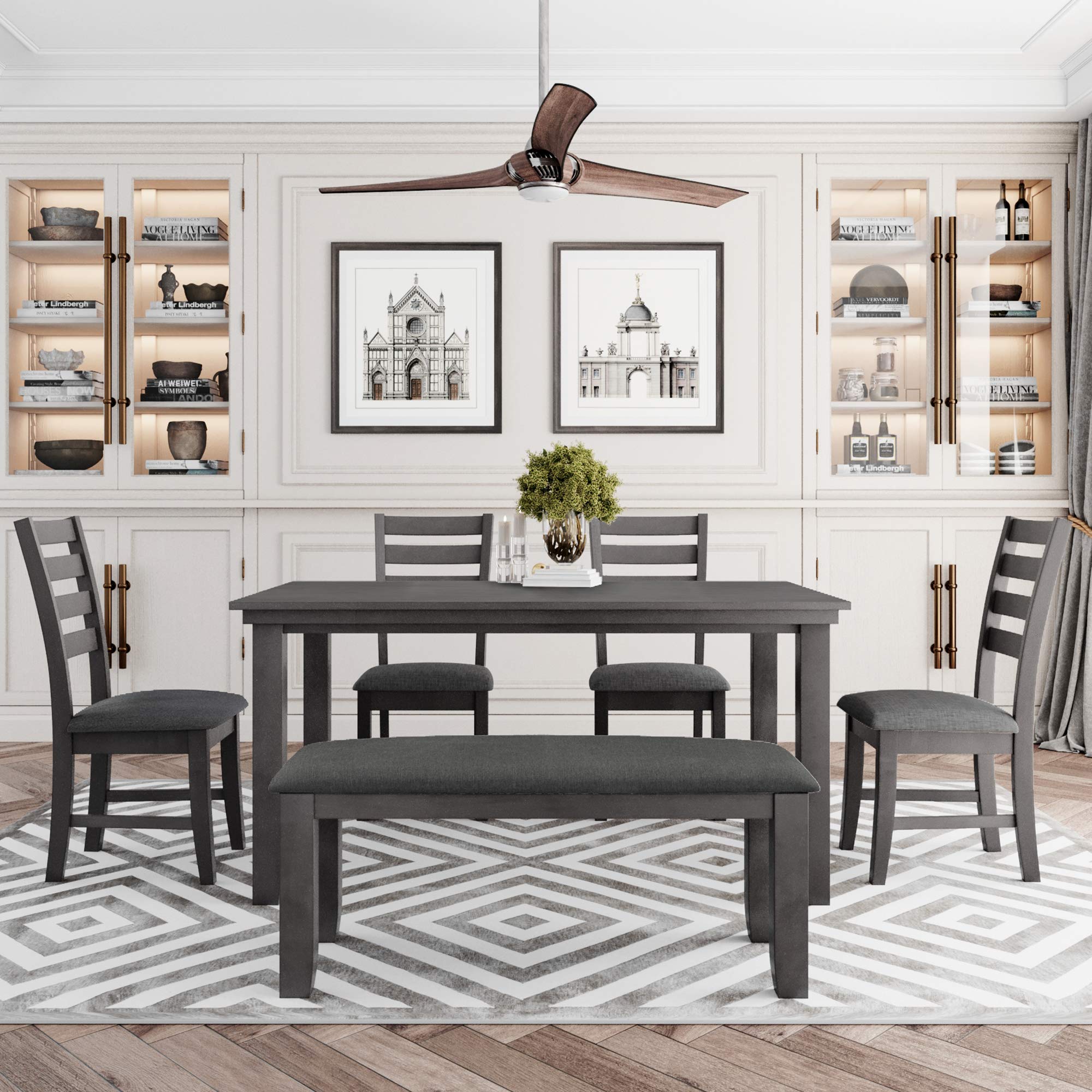 6-Piece Dining Table Set with 4 Chairs and Bench - Rectangular Rubber Wood Kitchen Table for Dining Room & Living Room - Perfect for Family Meals, Entertaining Guests, and Small Space Dining Areas