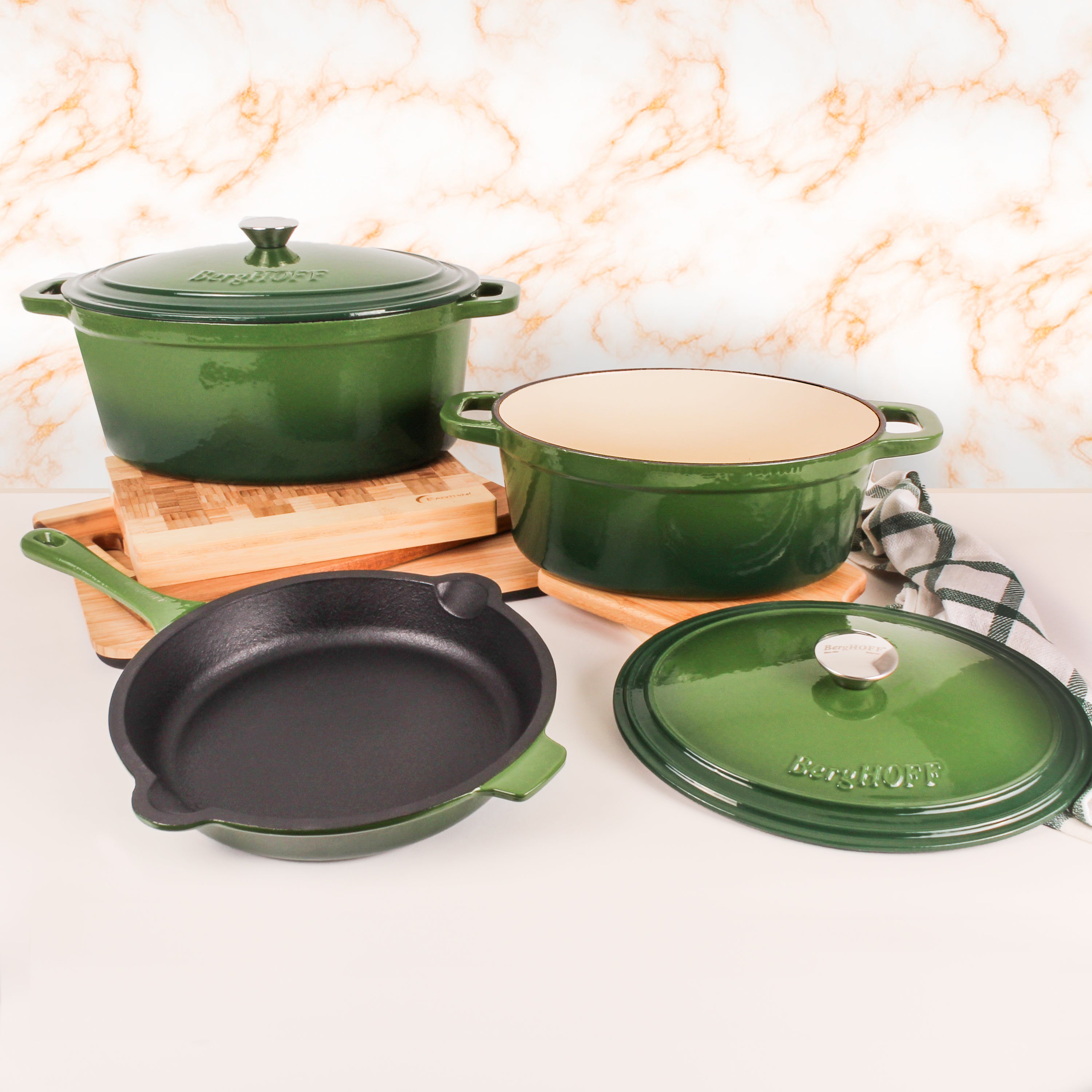 BergHOFF Neo 5-Piece Cast Iron Oval Dutch Oven Set with 10-Inch Fry Pan, 5-Quart & 8-Quart, Green - Perfect for Braising, Roasting, and Slow Cooking at Home or Camping
