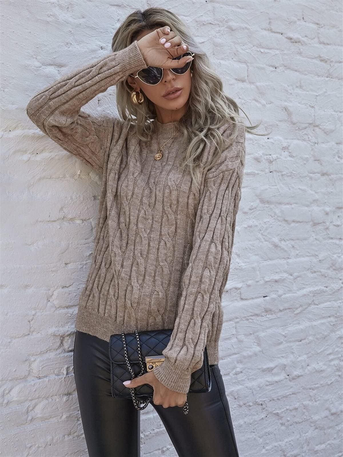 Women's Long Sleeve Cable Knit Sweater - Drop Shoulder Pullover Jumper Top (Khaki, Size L) | Cozy Fall & Winter Fashion for Casual Outings, Office Wear and Holiday Gatherings