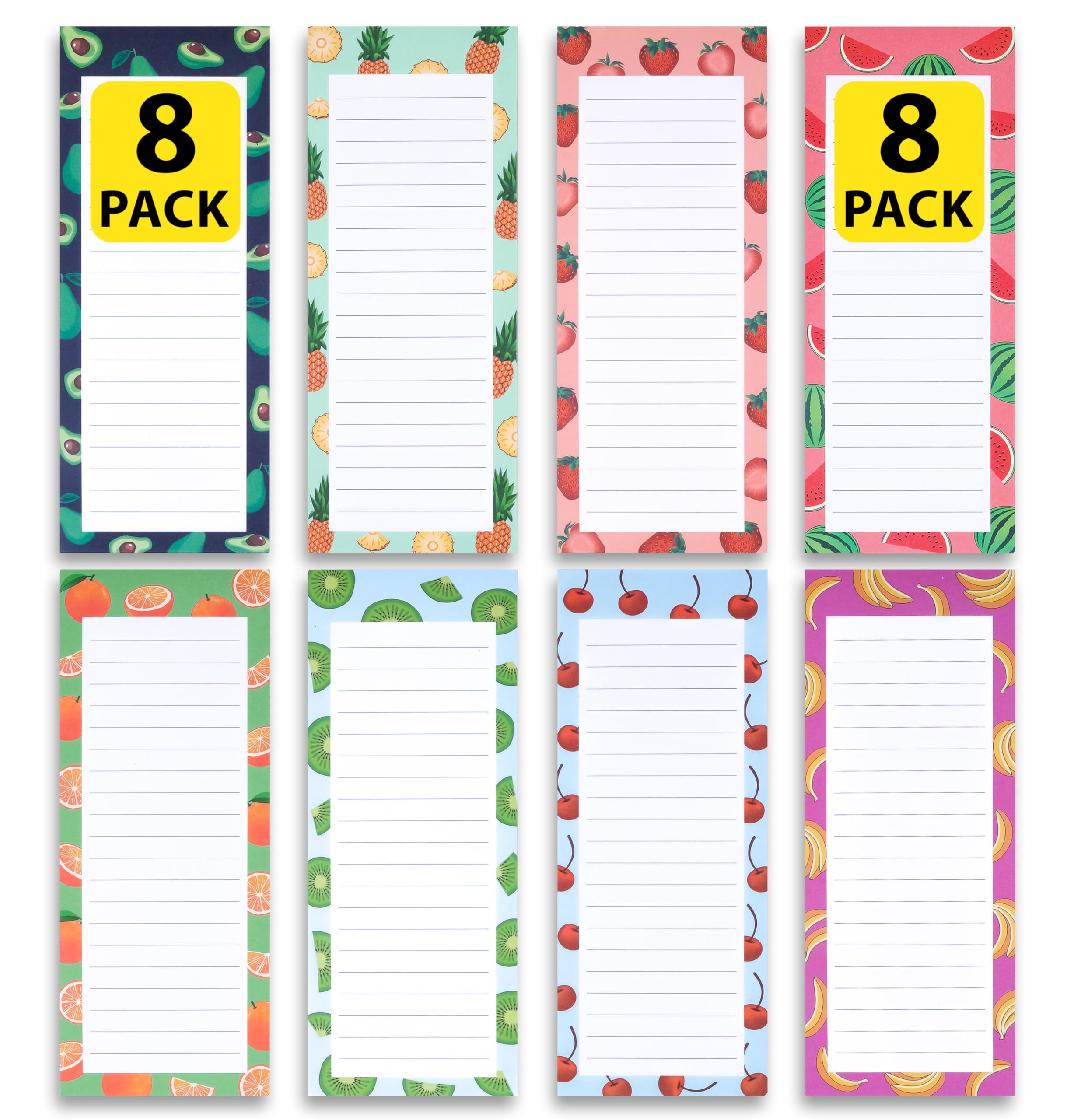 8 Pack Magnetic Notepads for Grocery, Shopping & To-Do Lists - Strong Magnetic Back, Realistic Fruit Designs, 25 Sheets per Pad, 7.5 x 3.5 Inch - Perfect for Fridge, Office & Home Organization
