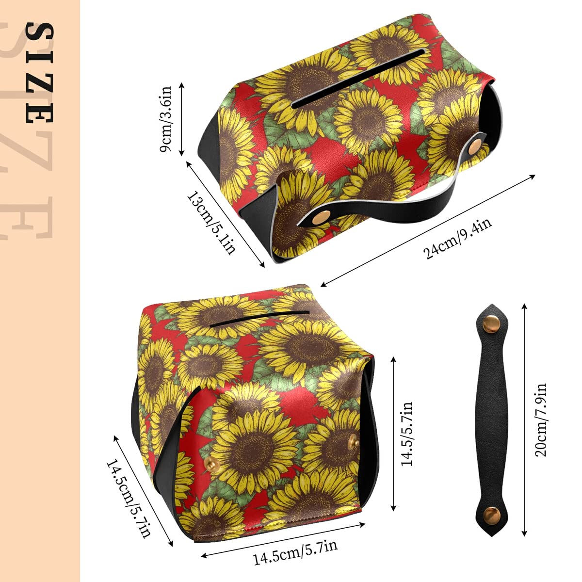 Sunflower Red PU Leather Tissue Box Holder - Rectangle Facial Tissue Dispenser with Hanging Loop for Countertops & Nightstands | Perfect for Living Rooms, Bathrooms & Office Desks