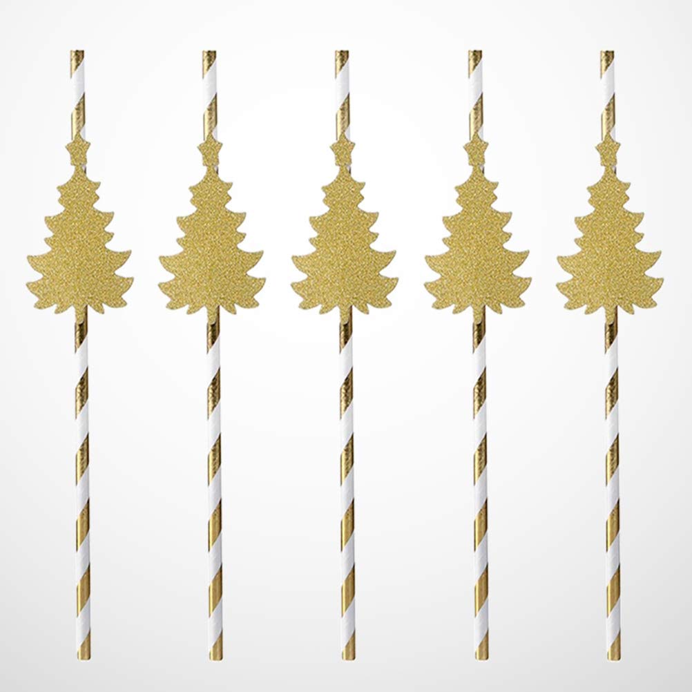 PRETYZOOM 24pcs Gold Striped Christmas Paper Drinking Straws - Eco-Friendly Recyclable Decorative Straws for Holiday Parties, Juice Drinks & Festive Celebrations